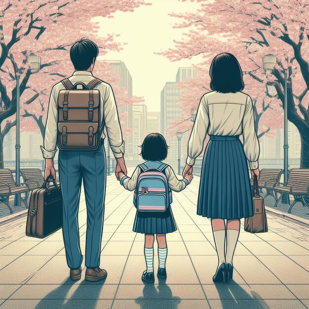 Ilustración antigua de una familia japonesa con las manos en el fondo de la flor de cerezo