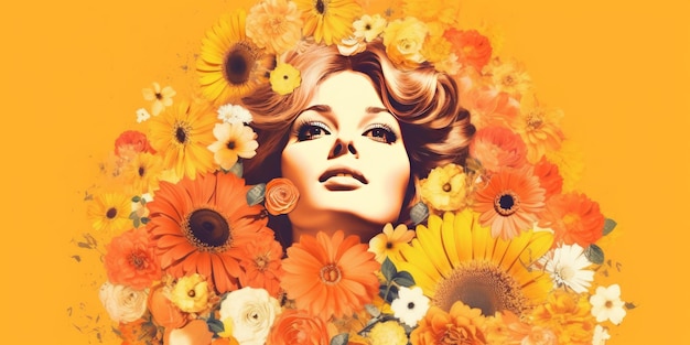 Ilustración antigua de una hermosa mujer con flores de colores sobre un fondo amarillo