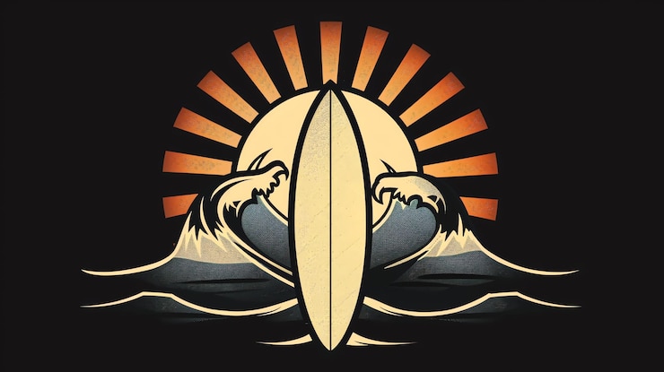 Foto una ilustración antigua de una tabla de surf con olas que se estrellan a su alrededor y el sol que se levanta en el fondo