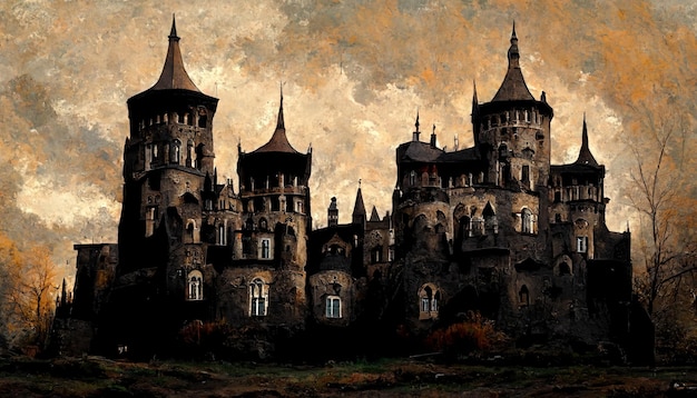 Ilustración del antiguo castillo antiguo con torres y picos Vista del castillo de otoño oscuro y oxidado