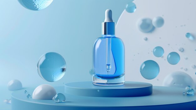 Foto ilustración de un anuncio 3d de un suero de reparación facial con un frasco de gotero sentado en un disco de vidrio azul con los elementos de diseño en azul rodeando la botella en un fondo claro