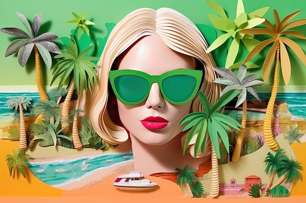 Una ilustración de un anuncio con una playa y una mujer con gafas de sol sobre un fondo verde al estilo de paisajes de collage surrealistas hechos de cartón IA generativa