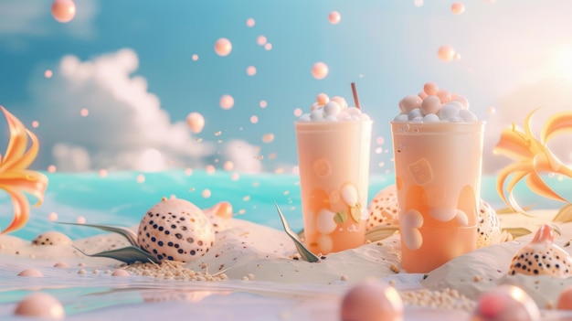 Foto ilustración de anuncios de té de leche de perla en el fondo de la playa de verano de bokeh