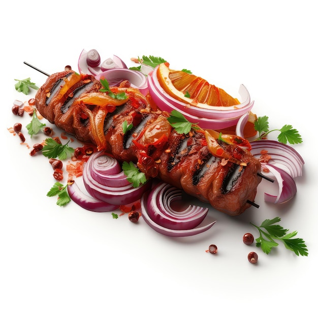 Ilustración apetitoso kebab crujiente con cebolla y pimentón en un entorno claro