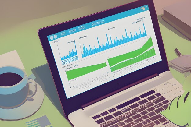 Foto ilustración de una aplicación de computadora portátil con gráficos comerciales y datos analíticos