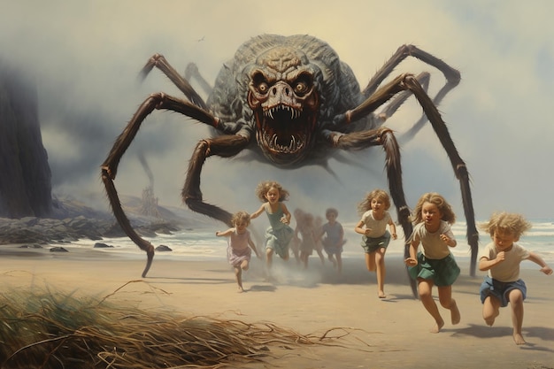 Foto ilustración de una araña gigante en la playa princesa aterrorizada