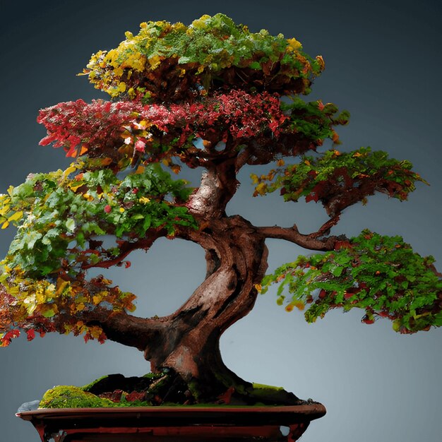 Foto ilustración de un árbol de bonsai verde colorido en un fondo de estudio ia generativa