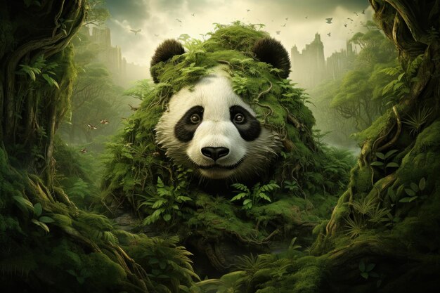 Foto la ilustración del árbol del bosque del oso panda caprichoso genera ai