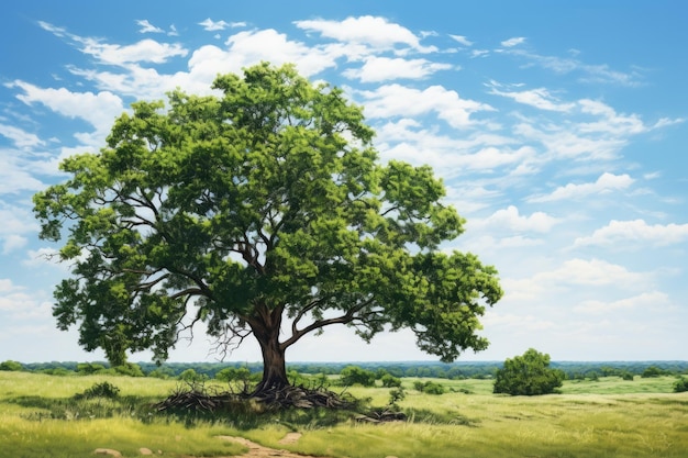 Ilustración de un árbol en un campo de hierba