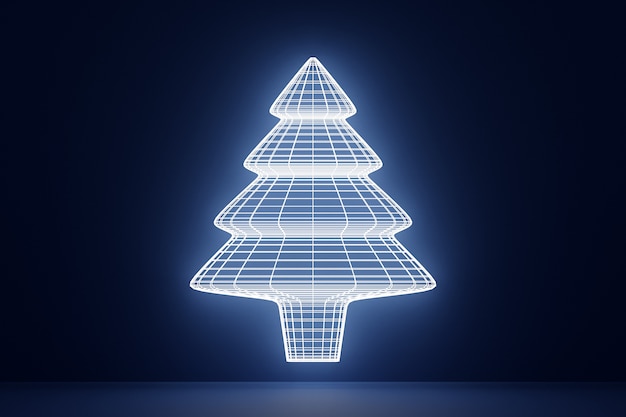 Ilustración de un árbol de coníferas hecho de líneas de neón blancas brillantes