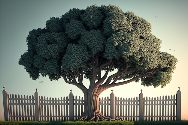 Ilustración de un árbol custodiado por una valla hermosa