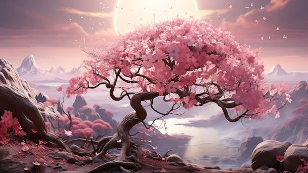 Ilustración un árbol florece con flores rosas abstractas vista completa