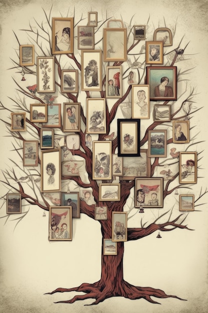 Una ilustración de árbol genealógico con marcos vacíos creados con IA generativa