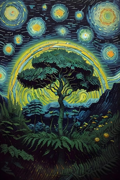 Ilustración de un árbol con una gran luna al fondo.