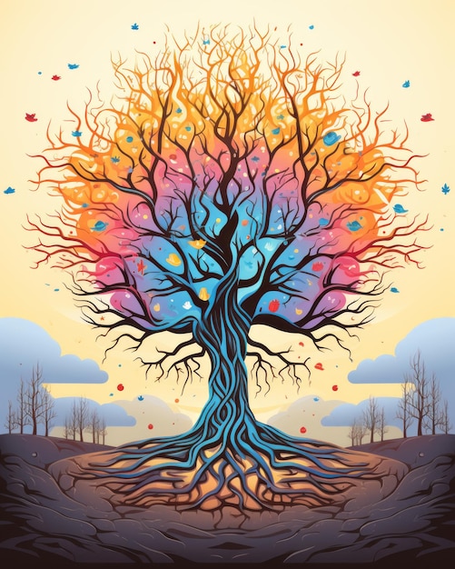 Una ilustración de un árbol con hojas de colores