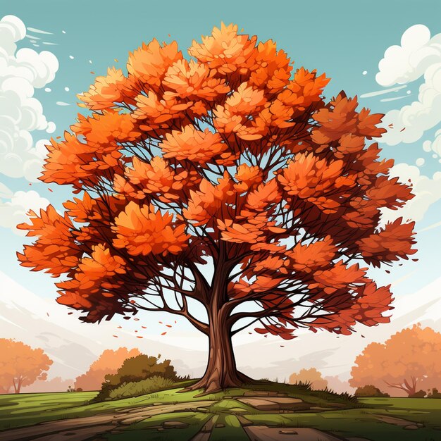 Foto ilustración de un árbol con hojas de naranja en un campo generativo ai