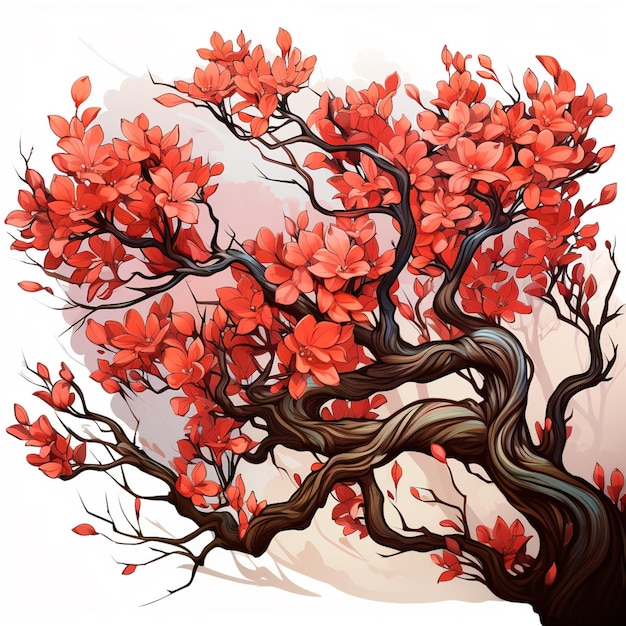 Ilustración de un árbol con hojas y ramas rojas