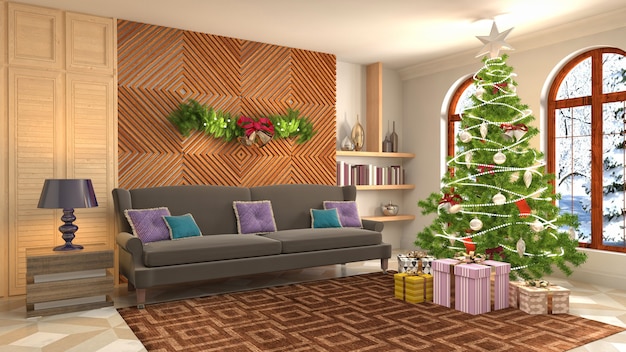 Ilustración de árbol de Navidad en el interior de la sala de estar