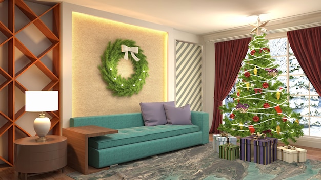Ilustración de árbol de Navidad en el interior de la sala de estar