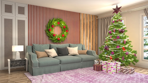 Ilustración de árbol de Navidad en el interior de la sala de estar