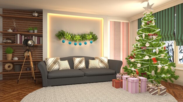 Ilustración de árbol de Navidad en el interior de la sala de estar