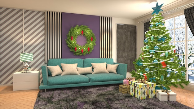 Ilustración de árbol de Navidad en el interior de la sala de estar