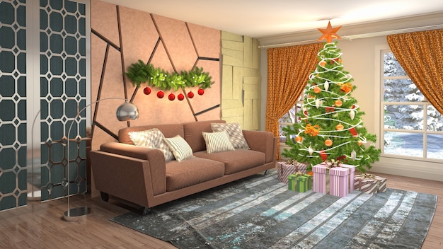 Ilustración de árbol de Navidad en el interior de la sala de estar