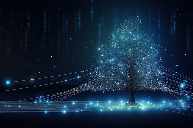 Ilustración del árbol de Navidad con líneas de conexión neuronal azul y puntos brillantes Generativo Ai