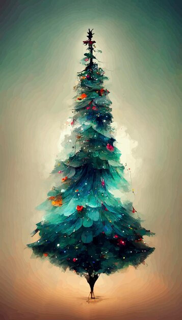Ilustración del árbol de Navidad en la nieve con luces de fondo