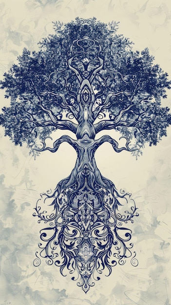 Foto ilustración de árbol de olivo con muchas líneas y adornos con estilo arabesco de mandala