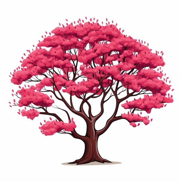 Foto ilustración de un árbol rosado con hojas rojas sobre un fondo blanco