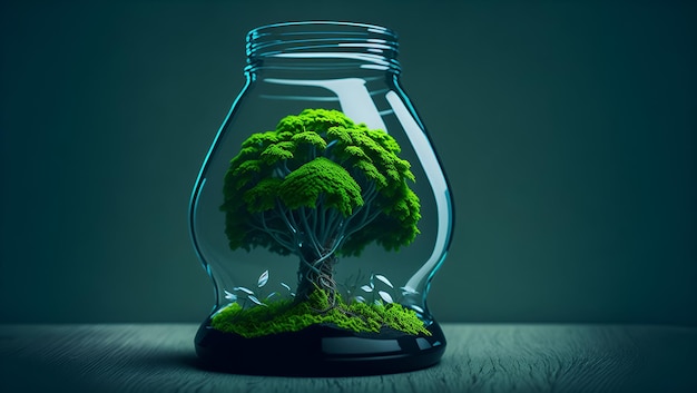 Ilustración de un árbol verde que en el concepto de ecología de bombilla genera espacio de ai para publicidad