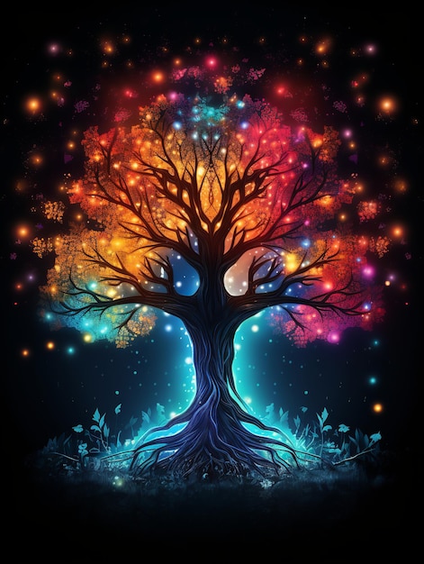 Ilustración del árbol de la vida en estilo colorido fondo oscuro algunos