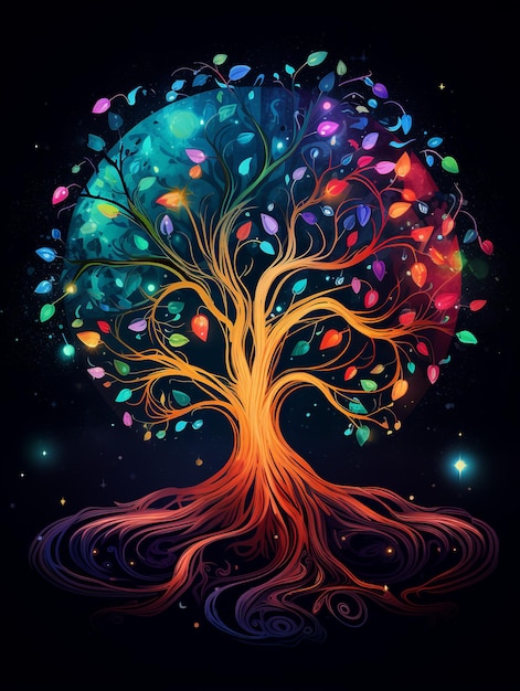 Ilustración del árbol de la vida en estilo colorido fondo oscuro algunos