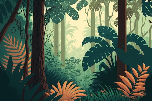 Ilustración de árboles tropicales y hojas en un bosque brumoso