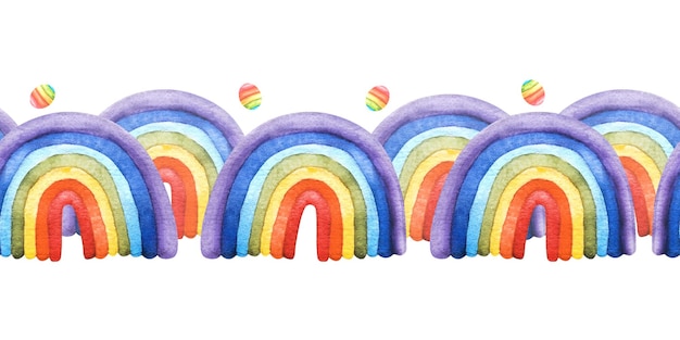 Ilustración de arco iris dibujada a mano en acuarela con un patrón de borde sin costura perfecto para un cumpleaños creativo