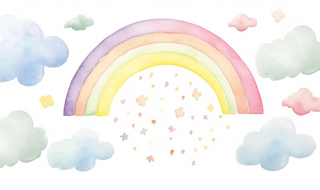 una ilustración de un arco iris y nubes con pequeñas bolas amarillas en el estilo de acuarelas suaves