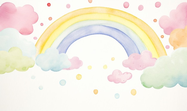 una ilustración de un arco iris y nubes con pequeñas bolas amarillas en el estilo de acuarelas suaves