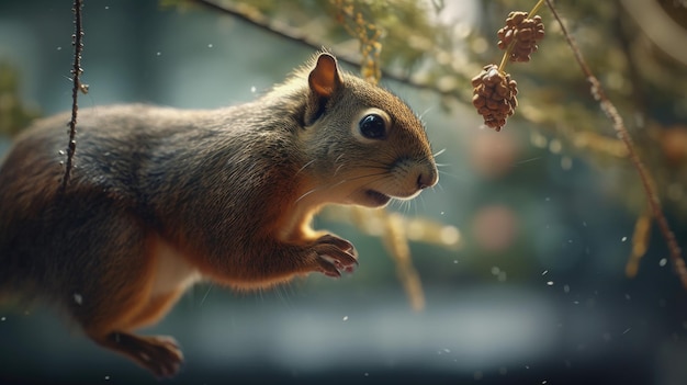 Ilustración de una ardilla saltando desde la rama de un árbol de una manera única