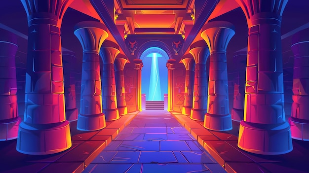 Ilustración de la arqueología antigua del interior de la sala de la pirámide del faraón con columnas, escaleras y un portal mágico brillante con vórtice