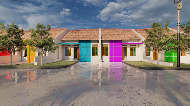 Ilustración arquitectónica en 3D de una casa minimalista moderna con garaje