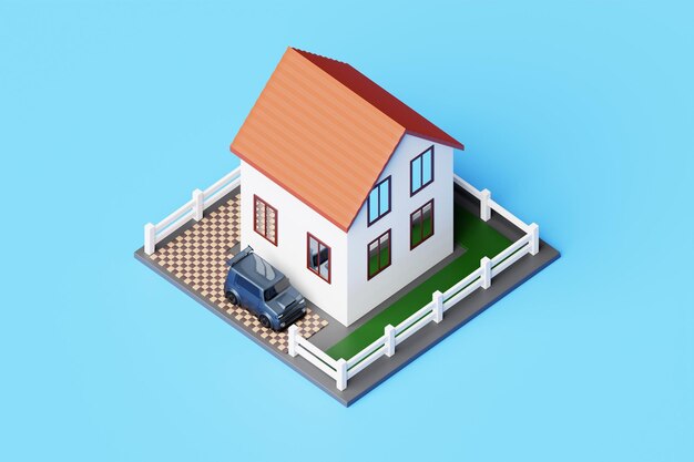 Ilustración de arquitectura 3D de una casa minimalista moderna sobre un fondo azul