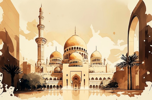 Ilustración de arquitectura generativa de IA de una hermosa mezquita en el mundo musulmán