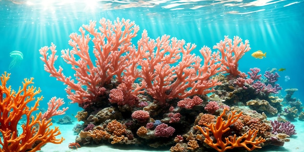 Ilustración de un arrecife oceánico con coloridos corales, peces tropicales y luz solar que fluye a través del agua del mar. Belleza del mundo submarino. IA generativa.