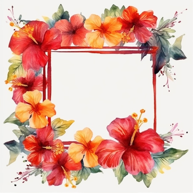 Ilustración de arreglo floral de marco de flores de hibisco rosa tropical Arte generado por AI