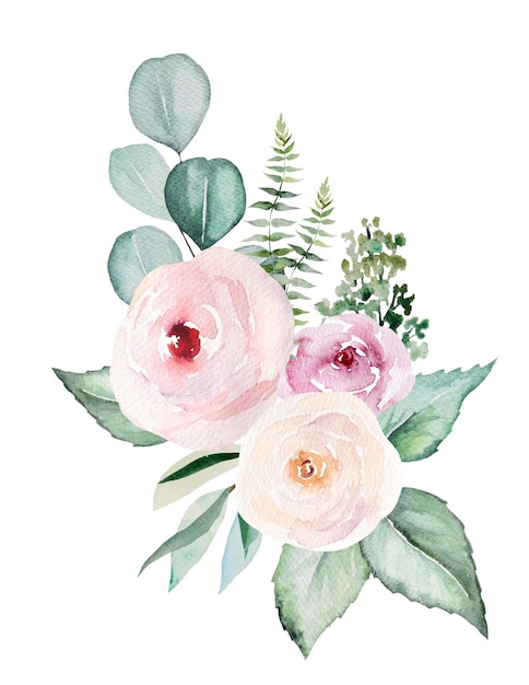 Ilustración de arreglo pastel de ramo de flores rosa claro acuarela y hojas verdes