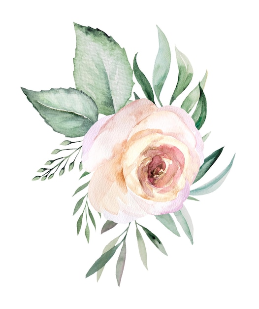 Ilustración de arreglo pastel de ramo de flores rosa claro acuarela y hojas verdes