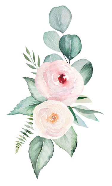 Ilustración de arreglo pastel de ramo de flores rosa claro acuarela y hojas verdes