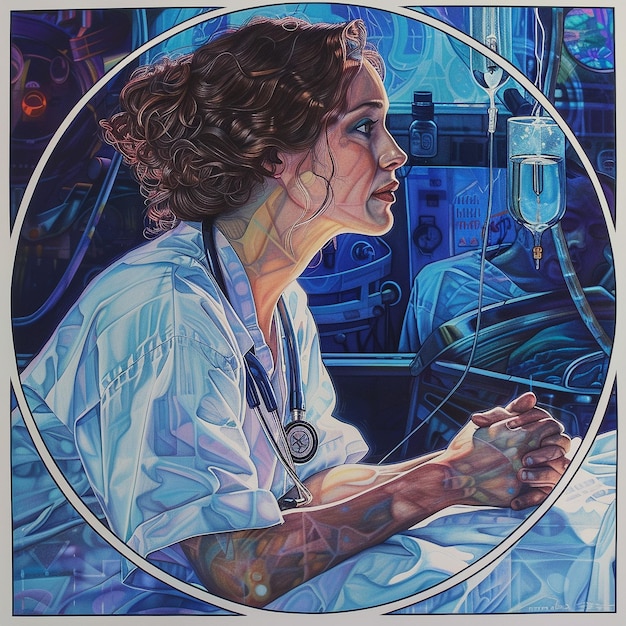 Ilustración Art Nouveau de una doctora en tonos azules