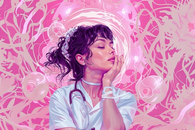 Ilustración art nouveau de una enfermera en tonos rosados